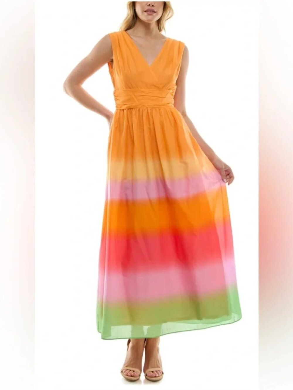 Taylor V Neck Orange Ombre Colorful Maxi Dress Summer Resort Wear Size L